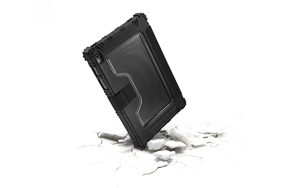 Illustration of the Hama “Protection” tablet cover, which hits the floor together with a tablet and - thanks to the cover - remains intact while the floor breaks