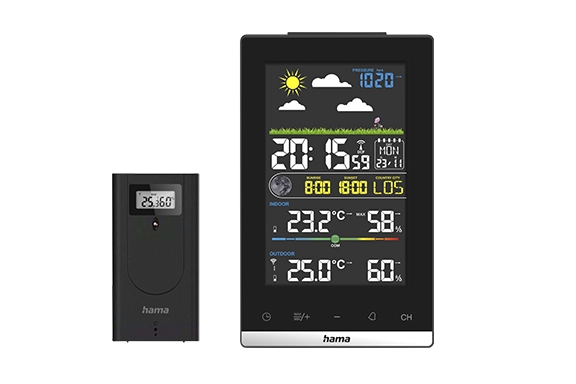 Cropped image of the Hama weather station ‘Jamaika’, with outdoor sensor, radio, alarm clock, indoor climate