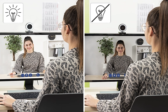 The picture is split into two parts. On the left-hand side you can see a young woman sitting at a desk while she is on a video call with the Hama webcam "C-850 Pro" and the ring light switched on. On the right-hand side.