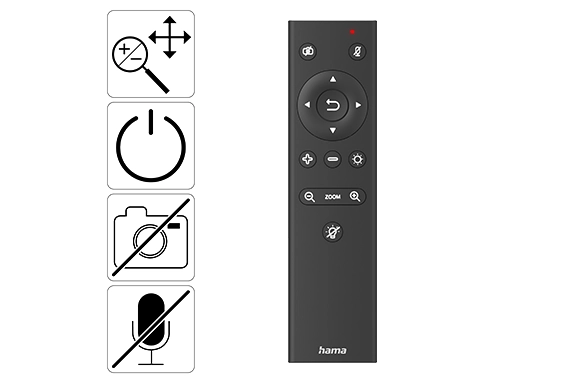 Remote control with icons for functionality: camera zoom, exact image section, illumination by LED ring light, camera on/off, microphone on/off