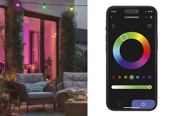 The picture is divided into two parts. On the left-hand side you can see a garden scene in the dark, skilfully staged by the Hama LED light chain. On the right-hand side, you can see a smartphone with the Smart Home app open.