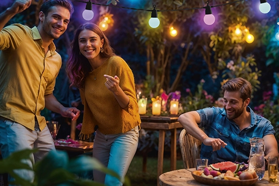 Three young people celebrate a garden party in the garden in the most beautiful ambience