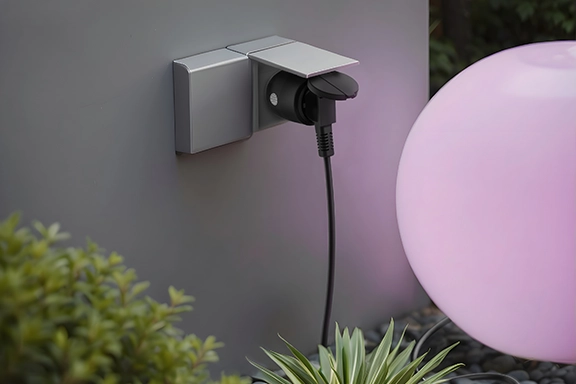 In the outdoor area, a decorative light ball is connected via the smart Hama WLAN socket and lights up in a bright pink colour.