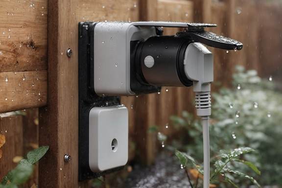 The Hama Smart Outdoor Socket is attached to a wooden garden wall and supplies the connected device with power via the plugged-in network connector, even in the rain.