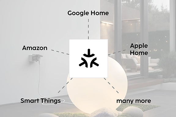 Infographic about the services that support Matter: Google Home, Apple Home, Smart Things, Amazon