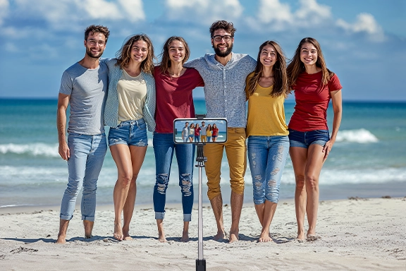 A group of young people stand next to each other on a sandy beach and take a group selfie with the "Fancy Stand 70 II" selfie stick tripod